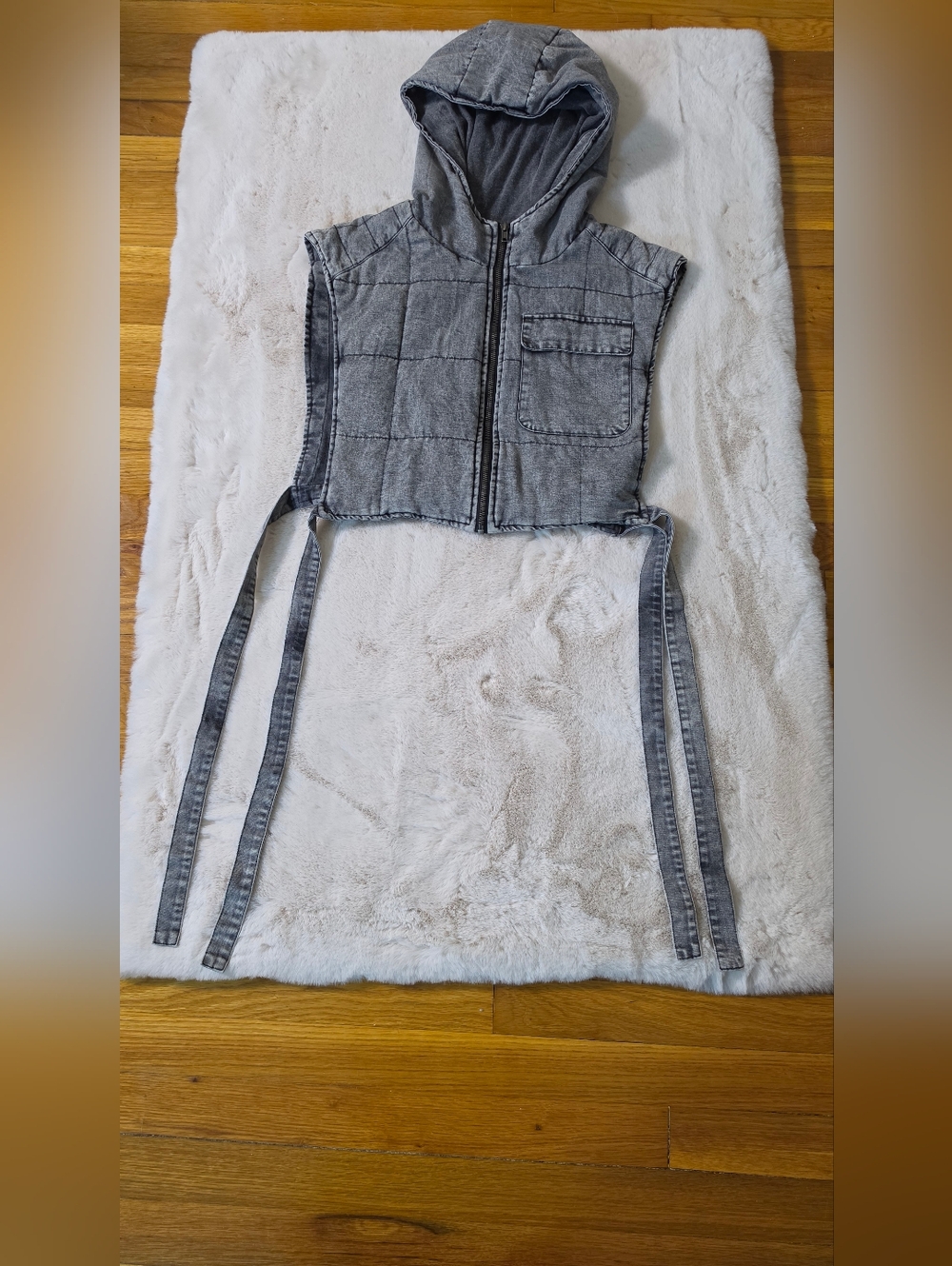 Vintage Gray Cropped Hooded Jean Vest with Straps